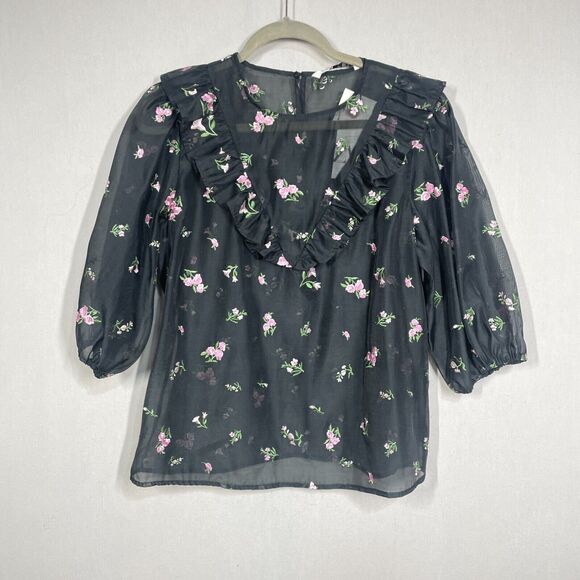 Zara Top Women L Black Alice Bouse Whimsy Goth Sheer Classic Pullover Romantic - Picture 7 of 8